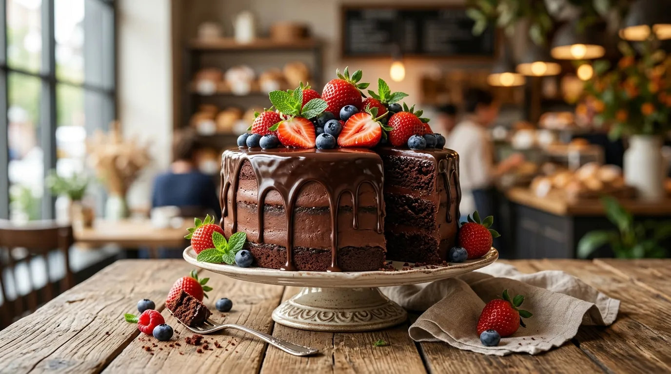 Chocolate cake with fresh berries in the MariamCakes bakery studio