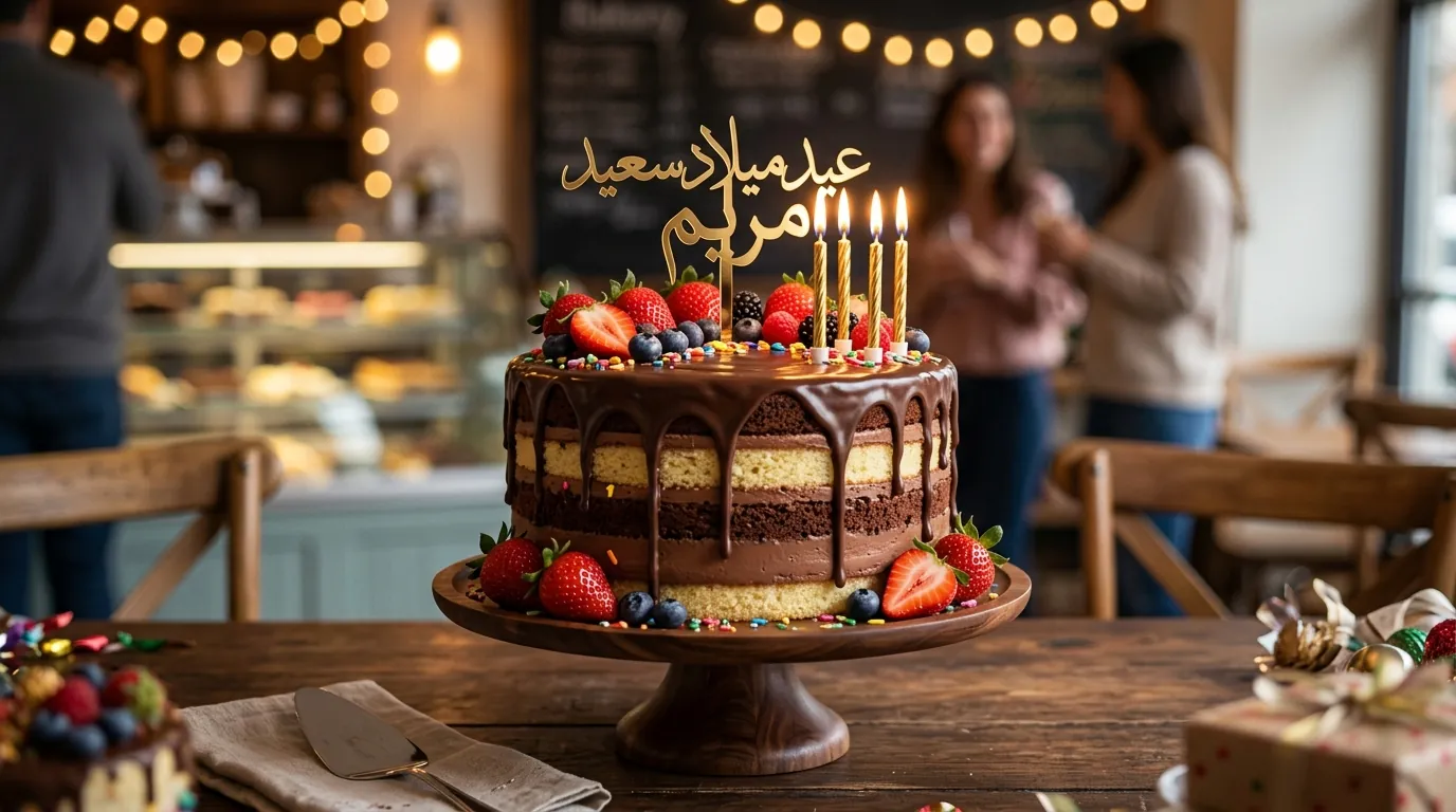 Personalised birthday cake with chocolate drip, fresh berries, and gold candles