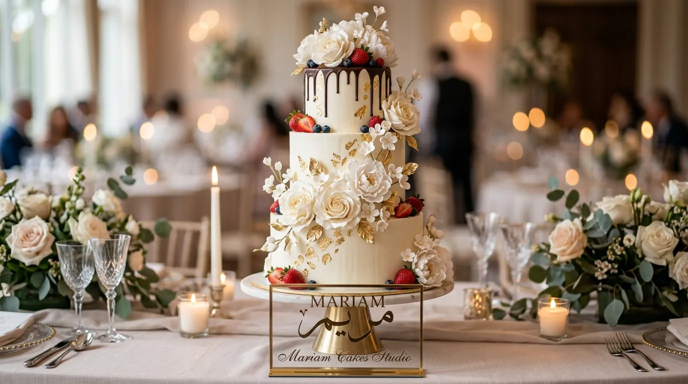 Three-tier luxury wedding cake with sugar flowers, gold leaf, and chocolate drip