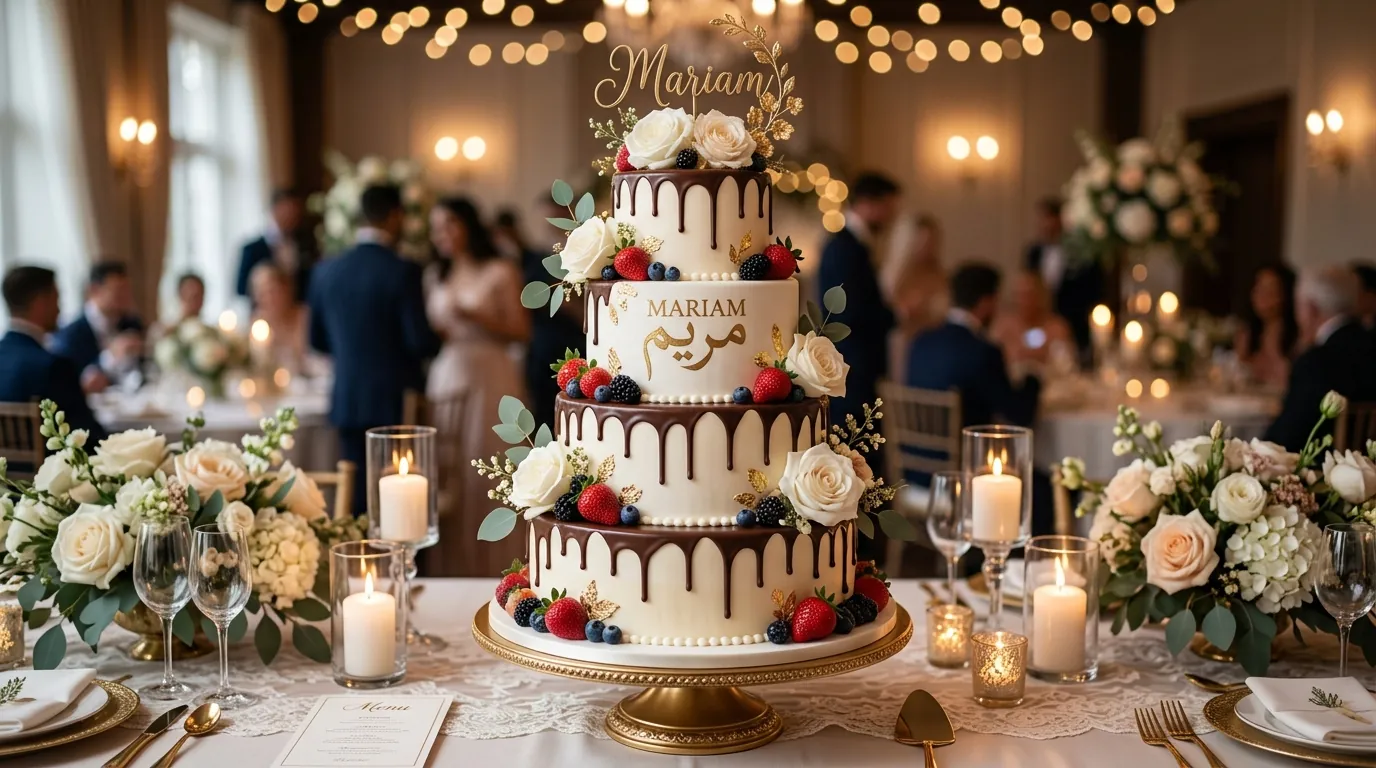 Four-tier wedding cake with chocolate drip, white roses, and fresh berries at reception